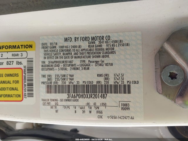 Aukcja sprzedaży 2018 Ford Fusion Se, vin: 3FA6P0HDXJR201487, numer aukcji: 44929500