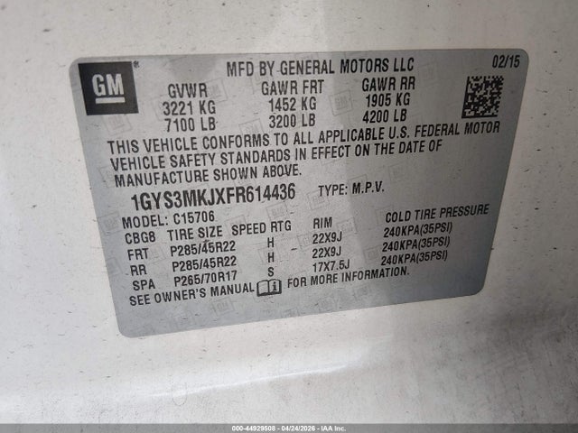44929508 :رقم المزاد ، 1GYS3MKJXFR614436 vin ، 2015 Cadillac Escalade Luxury مزاد بيع
