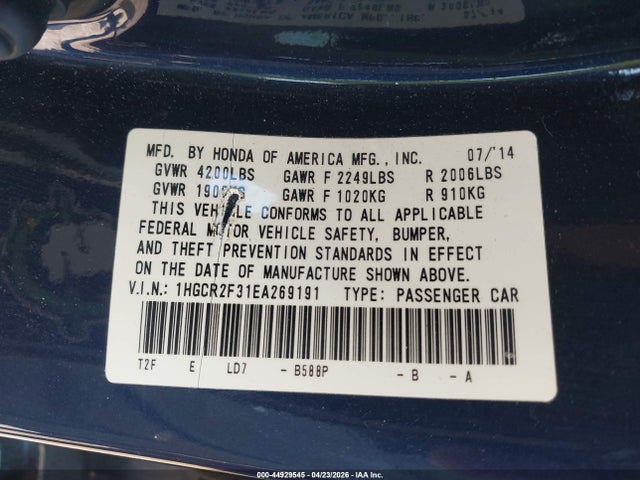 Honda ACCORD LX 2014 1HGCR2F31EA269191 Image 9