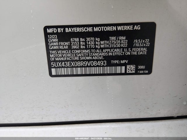 Aukcja sprzedaży 2024 Bmw X6 M60i, vin: 5UX43EX08R9V08493, numer aukcji: 44929547