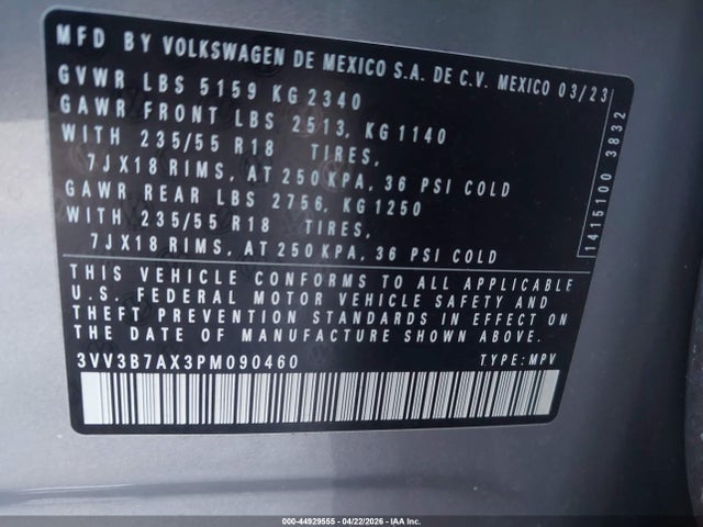 Aukcja sprzedaży 2023 Volkswagen Tiguan 2.0t Se, vin: 3VV3B7AX3PM090460, numer aukcji: 44929555