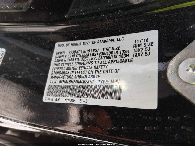 44929564 :رقم المزاد ، 5FNRL6H74KB052870 vin ، 2019 Honda Odyssey Ex-l مزاد بيع