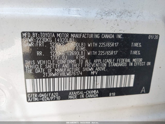 2T3RWRFV8LW076174 Toyota Rav4 Hybrid Xle