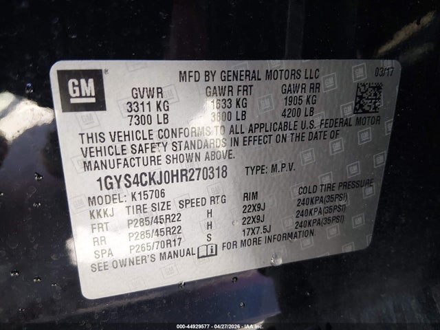 44929577 :رقم المزاد ، 1GYS4CKJ0HR270318 vin ، 2017 Cadillac Escalade Premium Luxury مزاد بيع