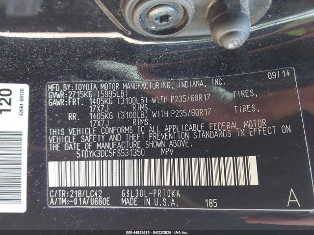 5TDYK3DC5FS531350 Toyota Sienna Xle Premium 8 Passenger
