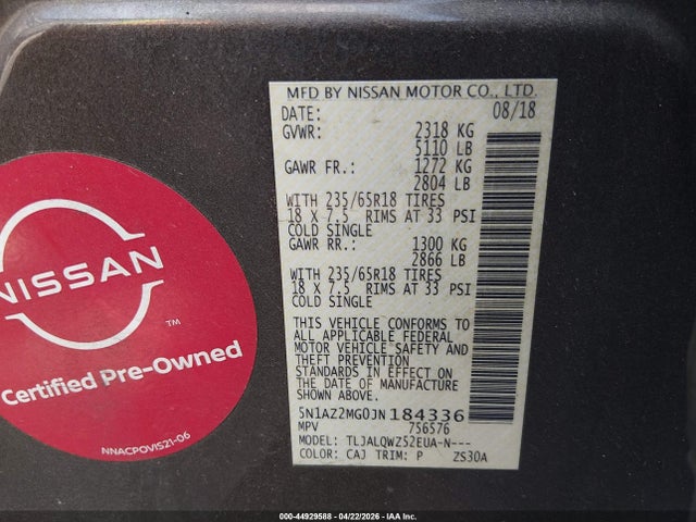Продажа на аукционе авто 2018 Nissan Murano Sv, vin: 5N1AZ2MG0JN184336, номер лота: 44929588