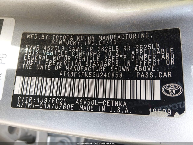 2016 Toyota Camry Le მანქანა იყიდება აუქციონზე, vin: 4T1BF1FK5GU240858, აუქციონის ნომერი: 44929594