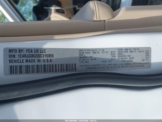 Aukcja sprzedaży 2025 Jeep Grand Cherokee Limited 4x2, vin: 1C4RJGBG5SC315059, numer aukcji: 44929598