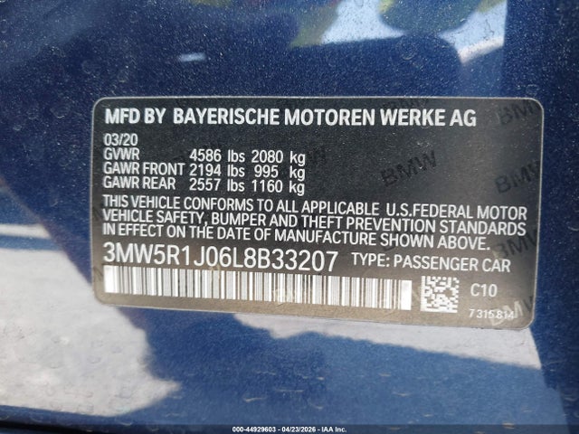 Продажа на аукционе авто 2020 Bmw 330i, vin: 3MW5R1J06L8B33207, номер лота: 44929603