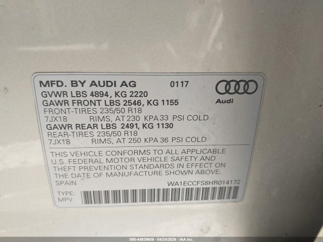 Продаж на аукціоні авто 2017 Audi Q3 2.0t Premium, vin: WA1ECCFS8HR014172, номер лоту: 44929609