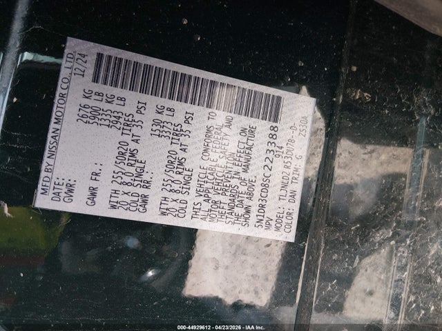 2025 Nissan Pathfinder Sl 4wd მანქანა იყიდება აუქციონზე, vin: 5N1DR3CD8SC223388, აუქციონის ნომერი: 44929612