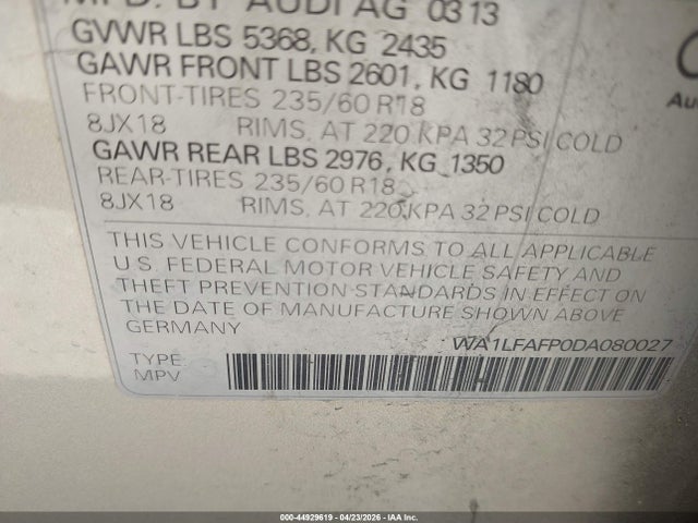 44929619 :رقم المزاد ، WA1LFAFP0DA080027 vin ، 2013 Audi Q5 2.0t Premium مزاد بيع