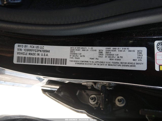 2023 Ram 1500 Big Horn  4x4 5'7 Box მანქანა იყიდება აუქციონზე, vin: 1C6RRFFG3PN700944, აუქციონის ნომერი: 44929638