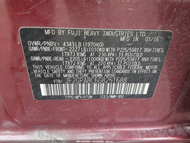 44929654 :رقم المزاد ، JF2GPABC6G8251688 vin ، 2016 Subaru Crosstrek 2.0i Premium مزاد بيع