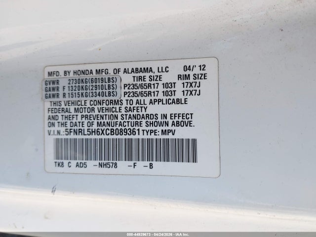 Aukcja sprzedaży 2012 Honda Odyssey Ex-l, vin: 5FNRL5H6XCB089361, numer aukcji: 44929673