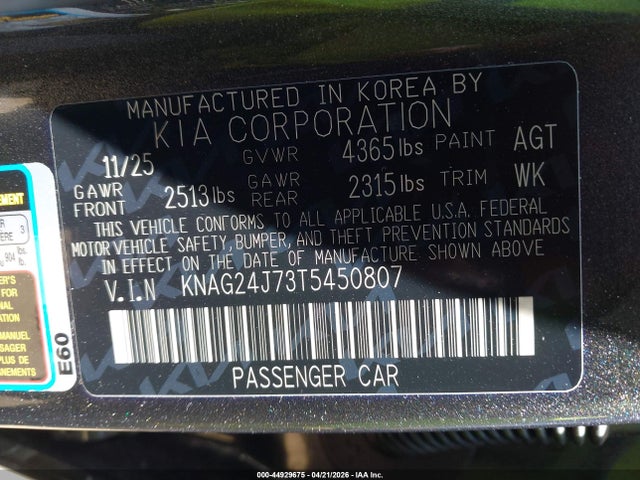 KNAG24J73T5450807 KIA K5 Lxs Fwd
