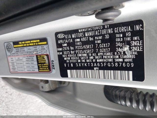 44929685 :رقم المزاد ، 5XYKT3A65FG587609 vin ، 2015 Kia Sorento Lx مزاد بيع