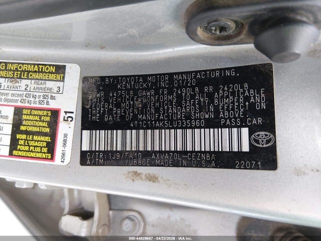 Aukcja sprzedaży 2020 Toyota Camry Le, vin: 4T1C11AK5LU335960, numer aukcji: 44929687