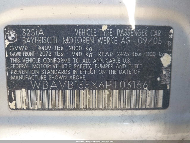 Aukcja sprzedaży 2006 Bmw 325i, vin: WBAVB135X6PT03166, numer aukcji: 44929688
