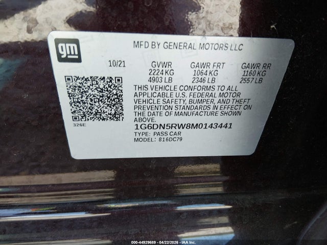 44929689 :رقم المزاد ، 1G6DN5RW8M0143441 vin ، 2021 Cadillac Ct5 Premium Luxury مزاد بيع