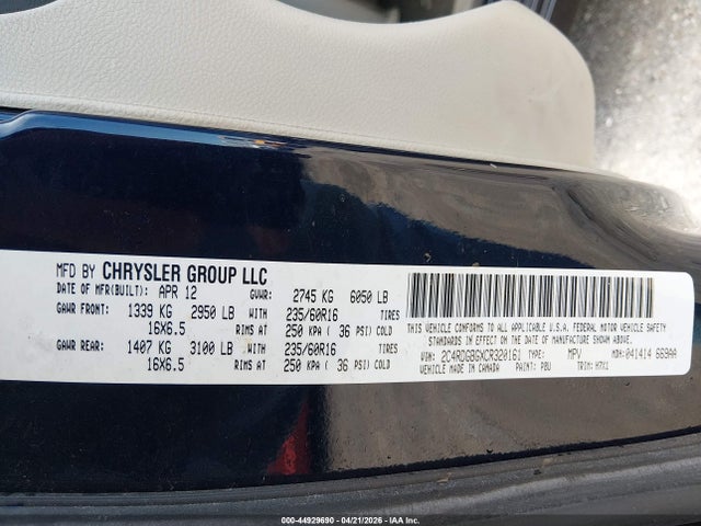 Продажа на аукционе авто 2012 Dodge Grand Caravan Se/avp, vin: 2C4RDGBGXCR320161, номер лота: 44929690