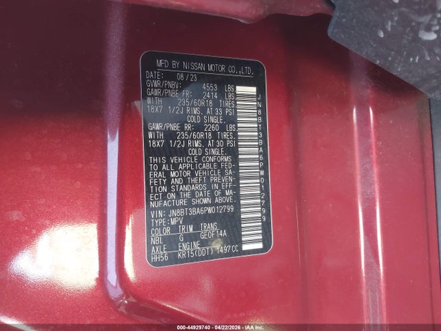 JN8BT3BA6PW012799 Nissan Rogue Sv Fwd