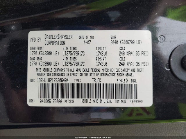 Продажа на аукционе авто 2007 Dodge Ram 1500 Slt/trx4 Off Road/sport, vin: 1D7HU18217S206404, номер лота: 44929747