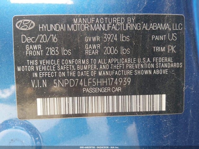 44929758 :رقم المزاد ، 5NPD74LF5HH174939 vin ، 2017 Hyundai Elantra Se مزاد بيع