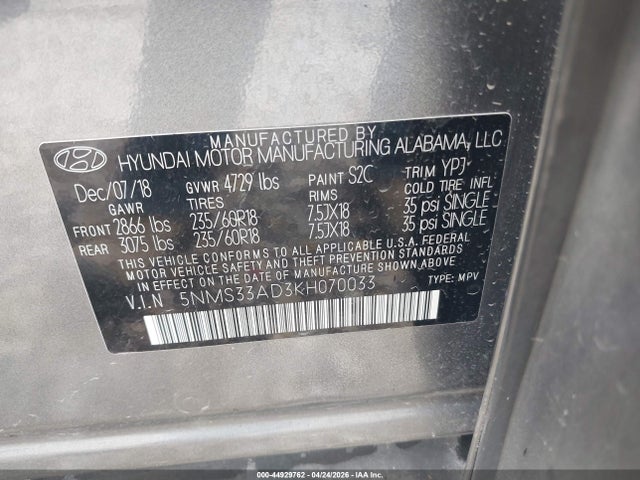 Aukcja sprzedaży 2019 Hyundai Santa Fe Sel Plus, vin: 5NMS33AD3KH070033, numer aukcji: 44929762
