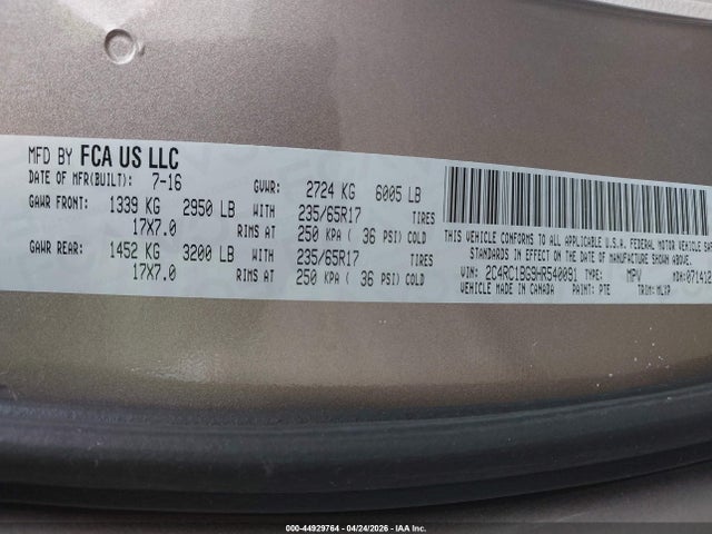 44929764 :رقم المزاد ، 2C4RC1BG9HR540091 vin ، 2017 Chrysler Pacifica Touring-l مزاد بيع