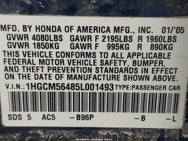 Auction sale of the 2005 Honda Accord 2.4 Lx, vin: 1HGCM56485L001493, lot number: 44929767