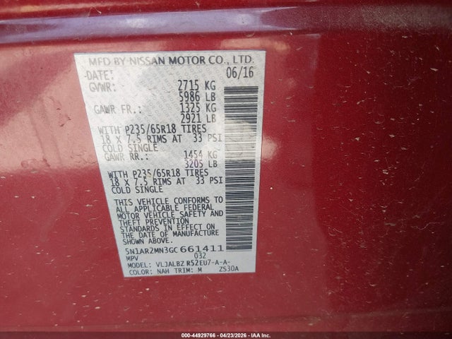 Aukcja sprzedaży 2016 Nissan Pathfinder S, vin: 5N1AR2MN3GC661411, numer aukcji: 44929766