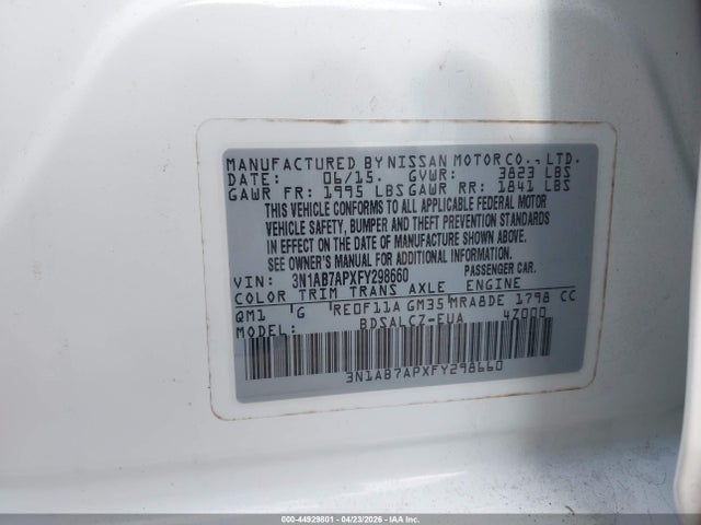 Продажа на аукционе авто 2015 Nissan Sentra S, vin: 3N1AB7APXFY298660, номер лота: 44929801