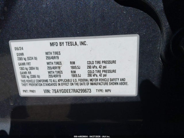 2024 Tesla Model Y Long Range Dual Motor All-wheel Drive მანქანა იყიდება აუქციონზე, vin: 7SAYGDEE7RA299673, აუქციონის ნომერი: 44929804