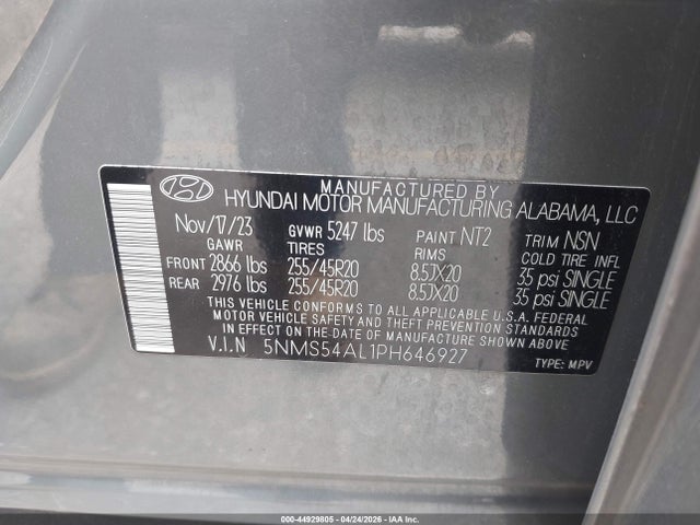 Aukcja sprzedaży 2023 Hyundai Santa Fe Calligraphy, vin: 5NMS54AL1PH646927, numer aukcji: 44929805