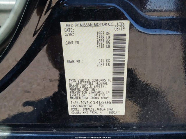44929818 :رقم المزاد ، 1N4BL4CV7LC140506 vin ، 2020 Nissan Altima Sr Fwd مزاد بيع