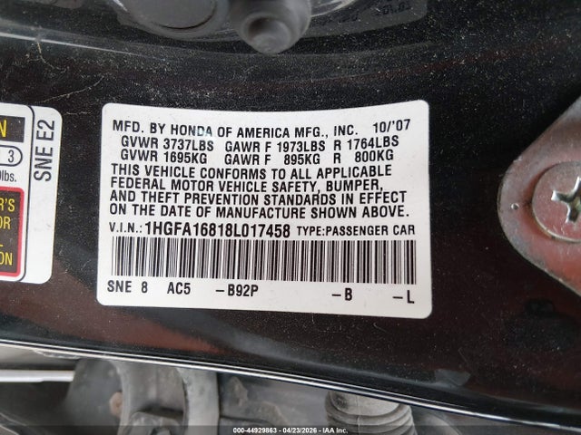 Продаж на аукціоні авто 2008 Honda Civic Ex, vin: 1HGFA16818L017458, номер лоту: 44929863