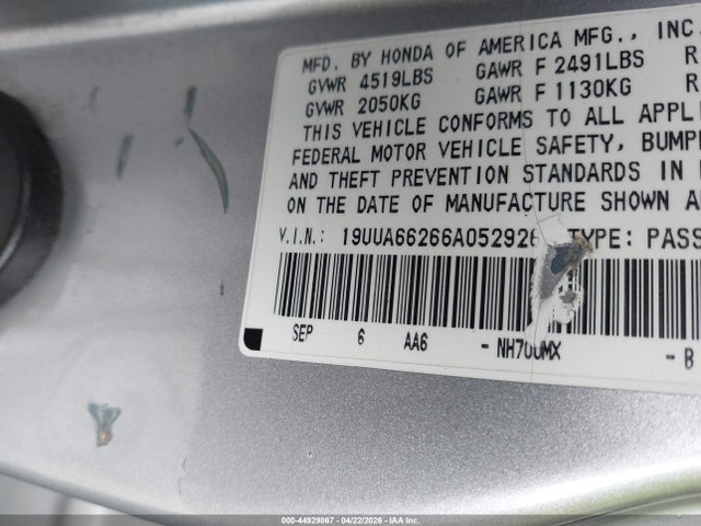 Aukcja sprzedaży 2006 Acura Tl, vin: 19UUA66266A052926, numer aukcji: 44929867