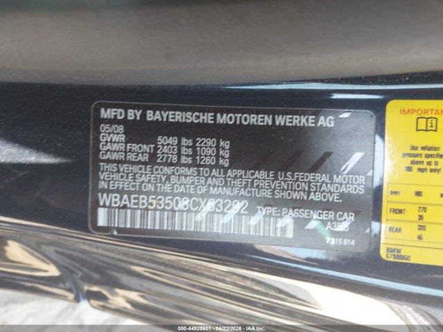Продажа на аукционе авто 2008 Bmw 650i, vin: WBAEB53508CX63292, номер лота: 44929901