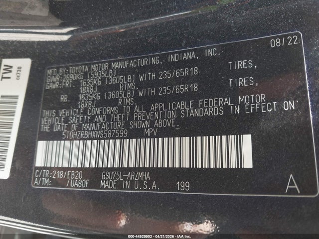 2022 Toyota Highlander Xle მანქანა იყიდება აუქციონზე, vin: 5TDHZRBHXNS587599, აუქციონის ნომერი: 44929902