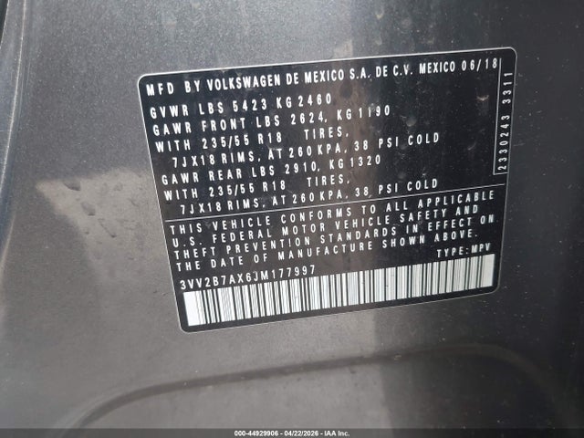 Продаж на аукціоні авто 2018 Volkswagen Tiguan 2.0t Se/2.0t Sel, vin: 3VV2B7AX6JM177997, номер лоту: 44929906