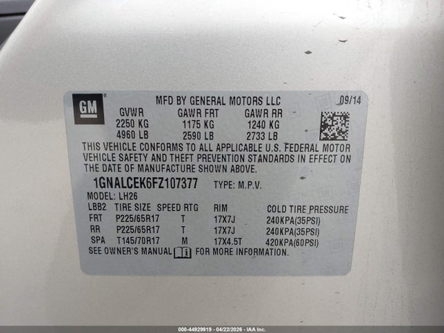 2015 Chevrolet Equinox 2lt მანქანა იყიდება აუქციონზე, vin: 1GNALCEK6FZ107377, აუქციონის ნომერი: 44929919