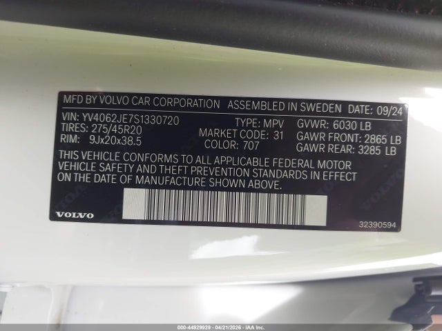 Продажа на аукционе авто 2025 Volvo Xc90 B6 Plus 6-seater, vin: YV4062JE7S1330720, номер лота: 44929929