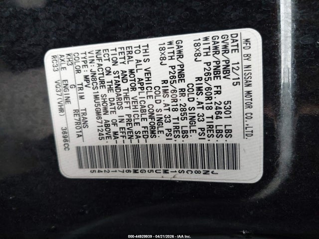 Aukcja sprzedaży 2016 Infiniti Qx70, vin: JN8CS1MU5GM671245, numer aukcji: 44929939
