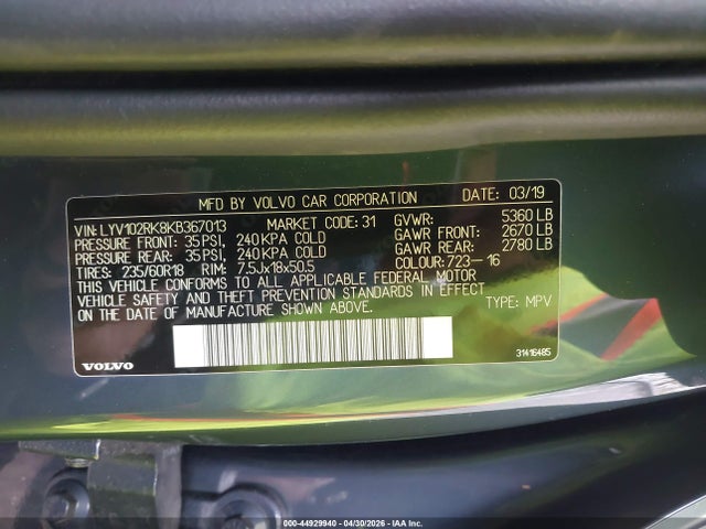 Aukcja sprzedaży 2019 Volvo Xc60 T5 Momentum, vin: LYV102RK8KB367013, numer aukcji: 44929940
