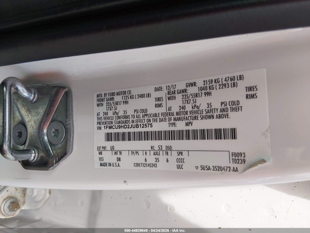 Продаж на аукціоні авто 2018 Ford Escape Sel, vin: 1FMCU9HD2JUB12575, номер лоту: 44929948
