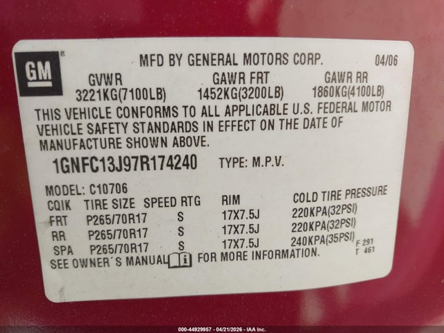 Aukcja sprzedaży 2007 Chevrolet Tahoe Lt, vin: 1GNFC13J97R174240, numer aukcji: 44929957