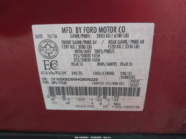 Продажа на аукционе авто 2017 Ford Explorer Xlt, vin: 1FM5K8D89HGB09229, номер лота: 44930001