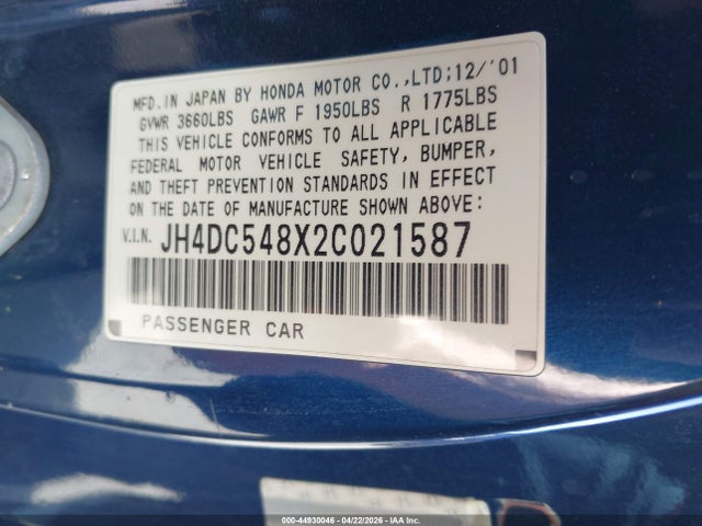 Aukcja sprzedaży 2002 Acura Rsx, vin: JH4DC548X2C021587, numer aukcji: 44930046