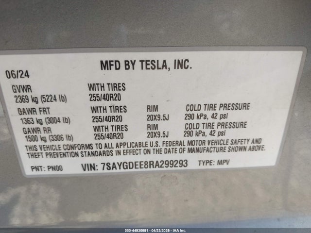 Aukcja sprzedaży 2024 Tesla Model Y Long Range Dual Motor All-wheel Drive, vin: 7SAYGDEE8RA299293, numer aukcji: 44930051